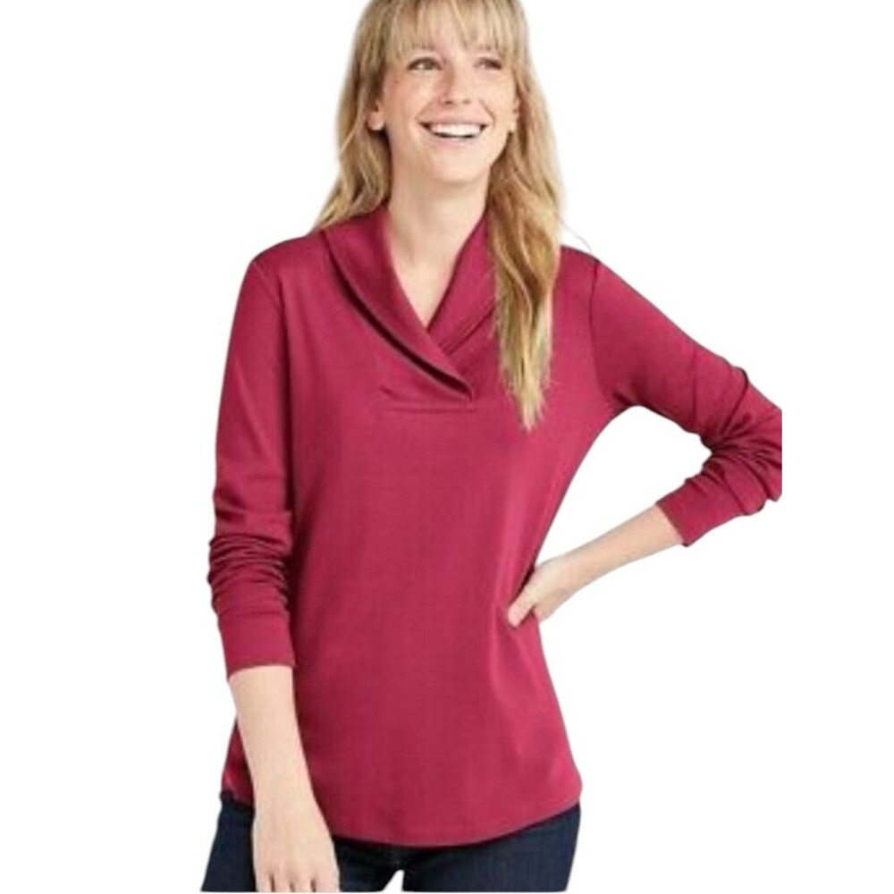 LL Bean Pima Cotton Tee Shawl Collar Long Sleeve Womens Size Small Pink Plum